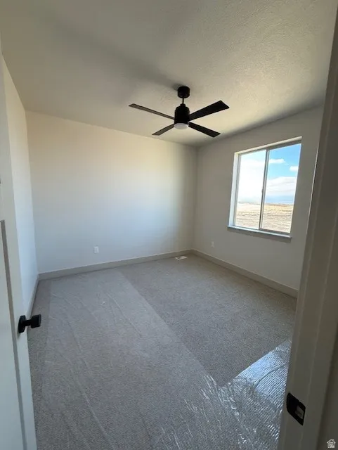 Unfurnished room featuring light colored carpet, a textured ceiling, and a ceiling fan