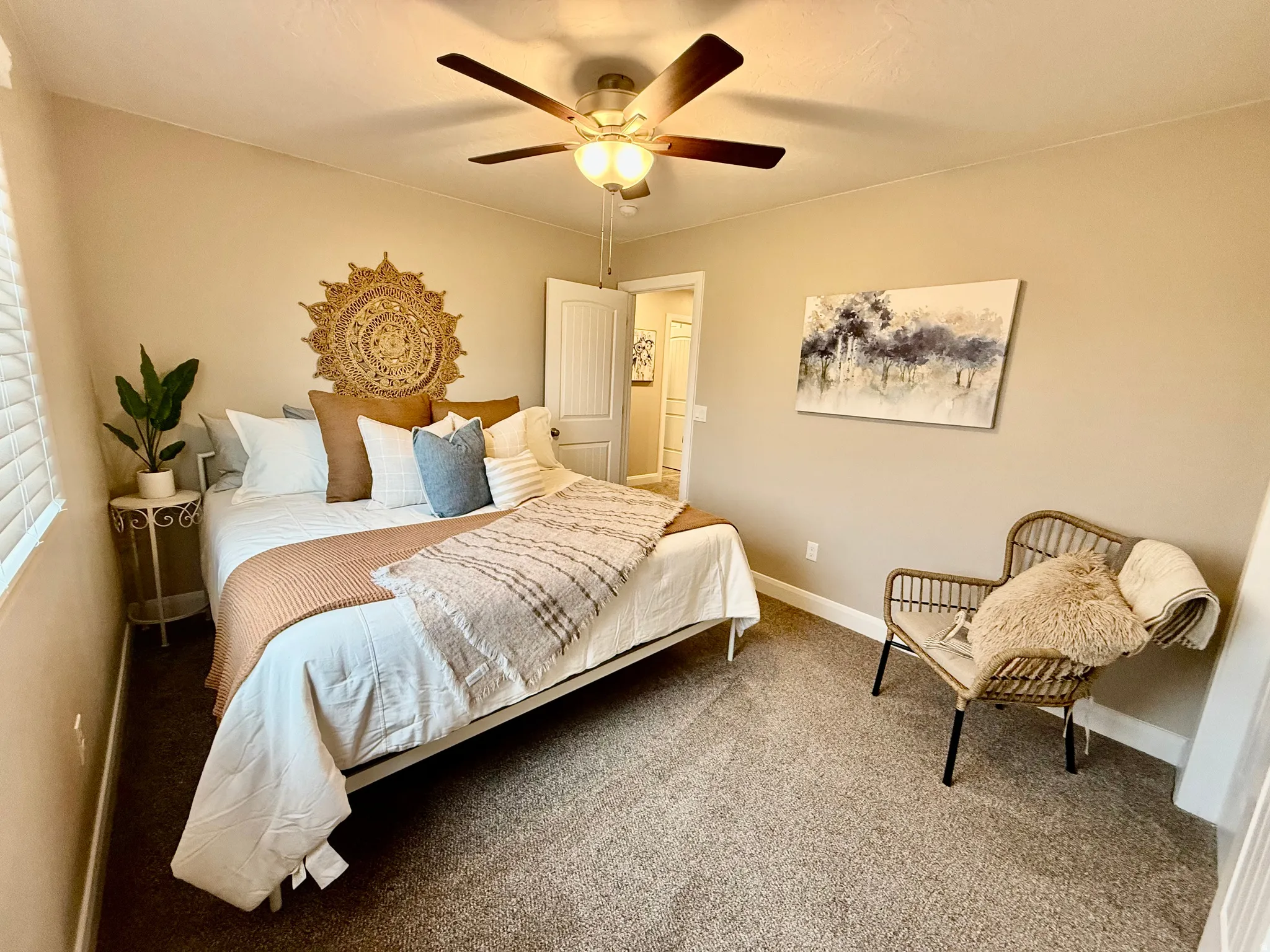 Bedroom with carpet floors and ceiling fan