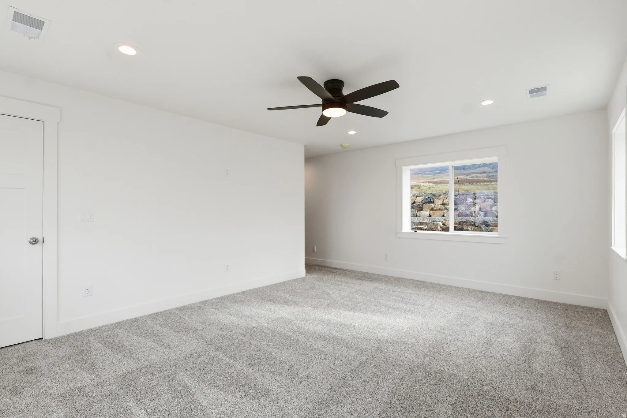 Master bedroom with recessed lighting, and ceiling fan