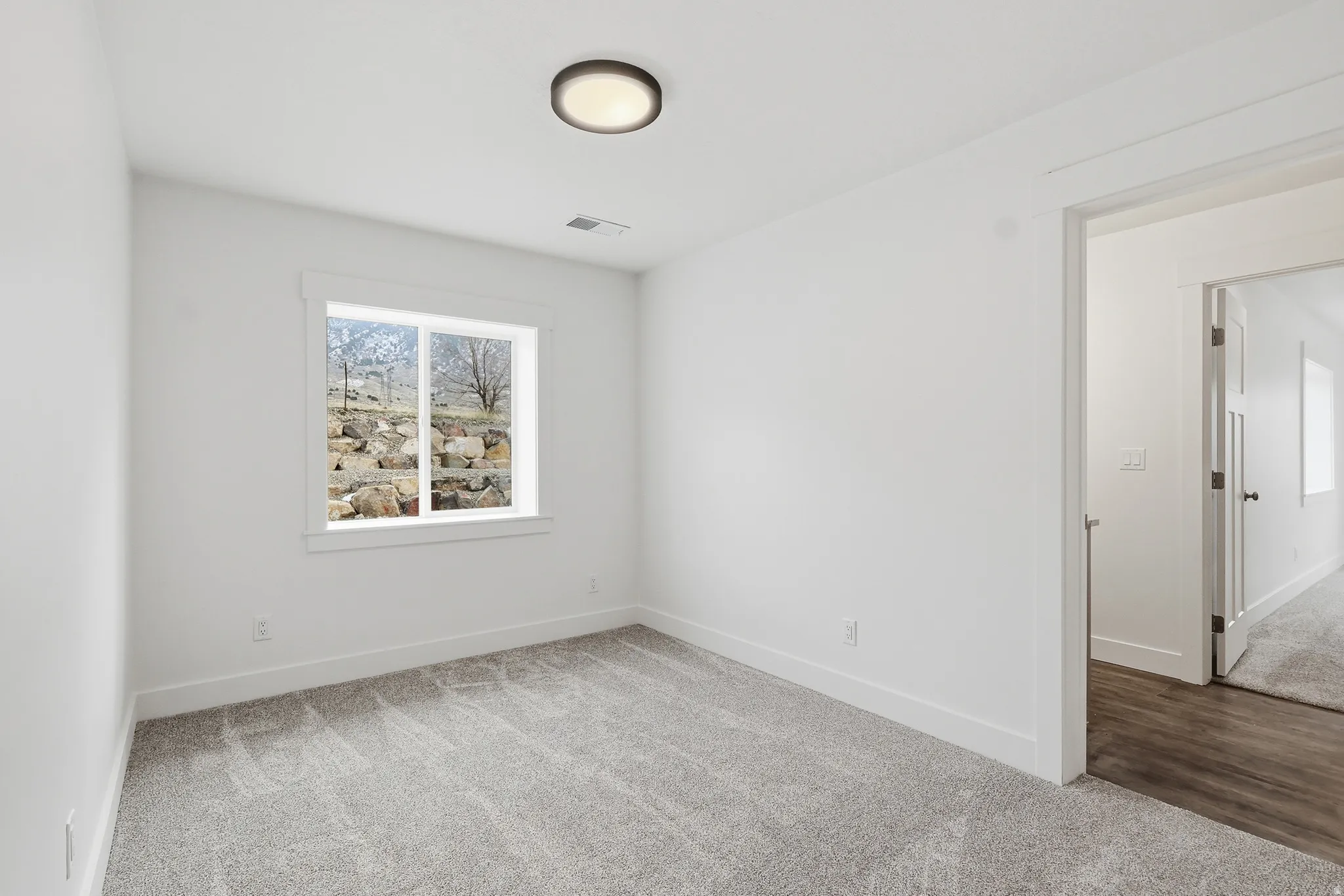 Unfurnished room with carpet flooring and baseboards