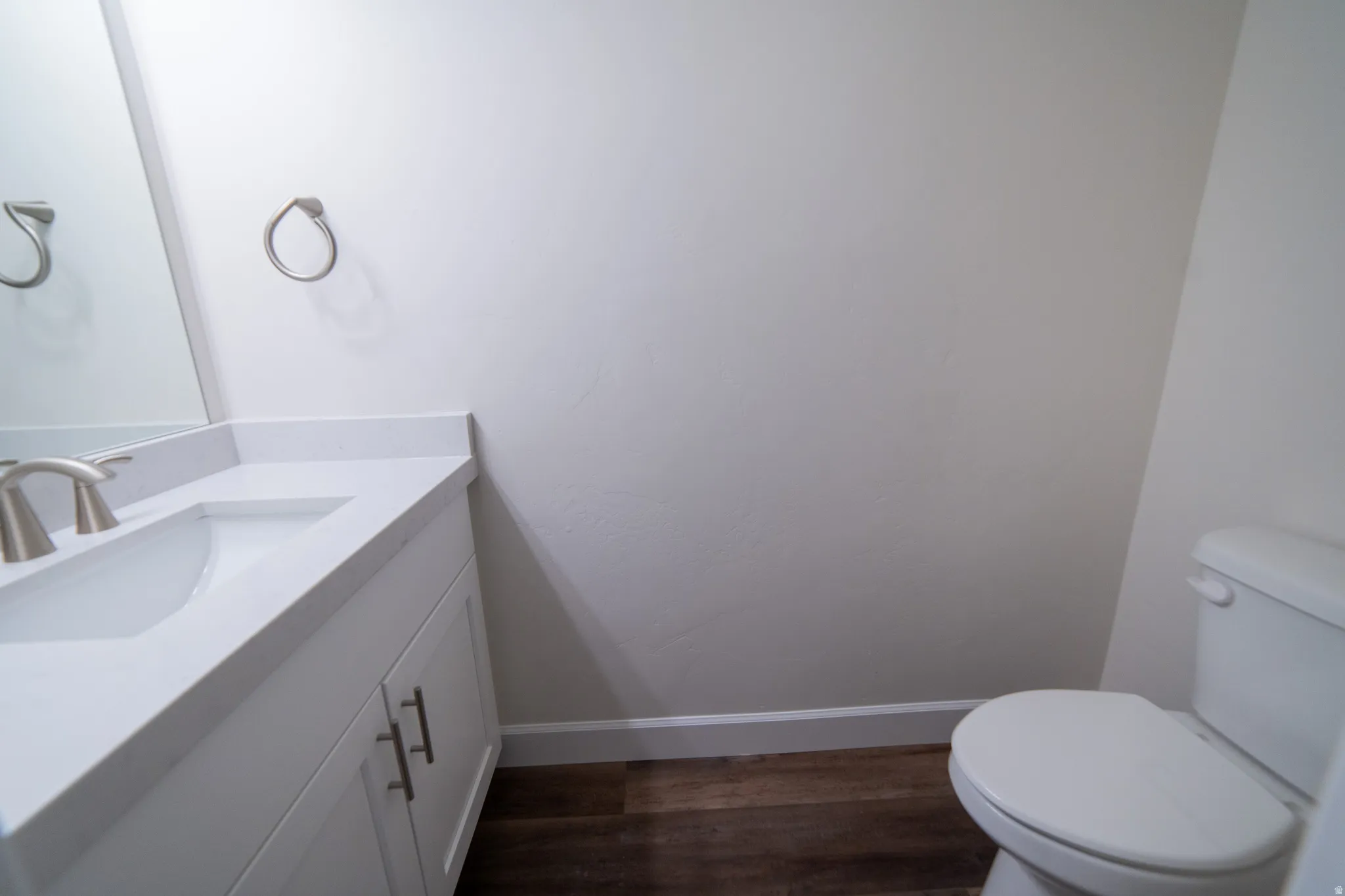 Bathroom featuring vanity and dark wood-type flooring