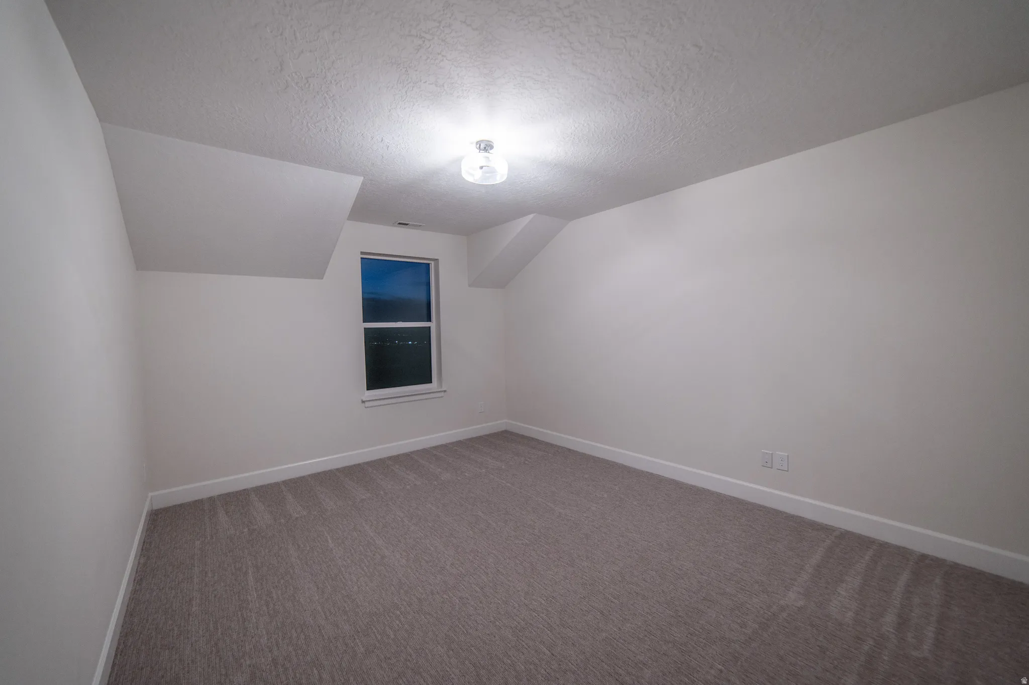 Additional living space featuring a textured ceiling, light carpet, and vaulted ceiling