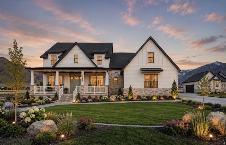 Modern farmhouse exterior featuring white siding, stone accents, and a dark shingle roof