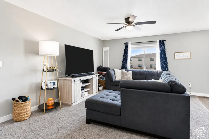 Living area with light gray wall paint and a textured gray carpet