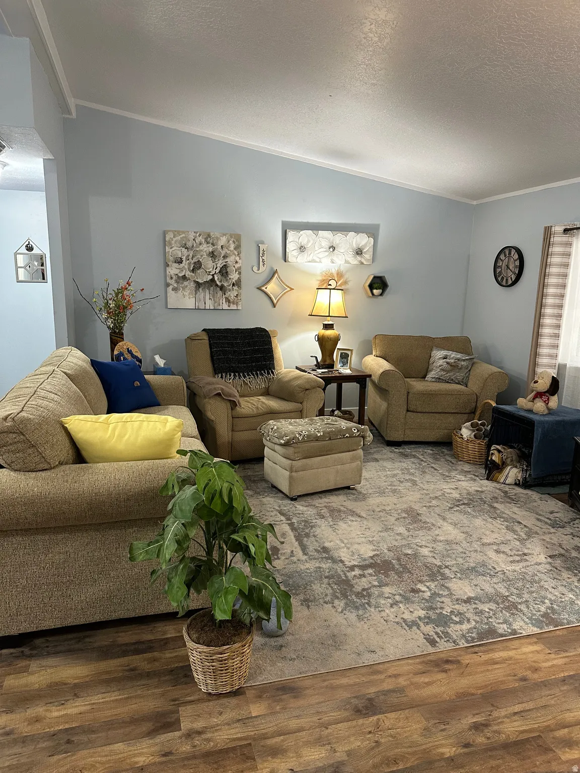 Living room featuring ornamental molding, a textured ceiling, and wood finished floors