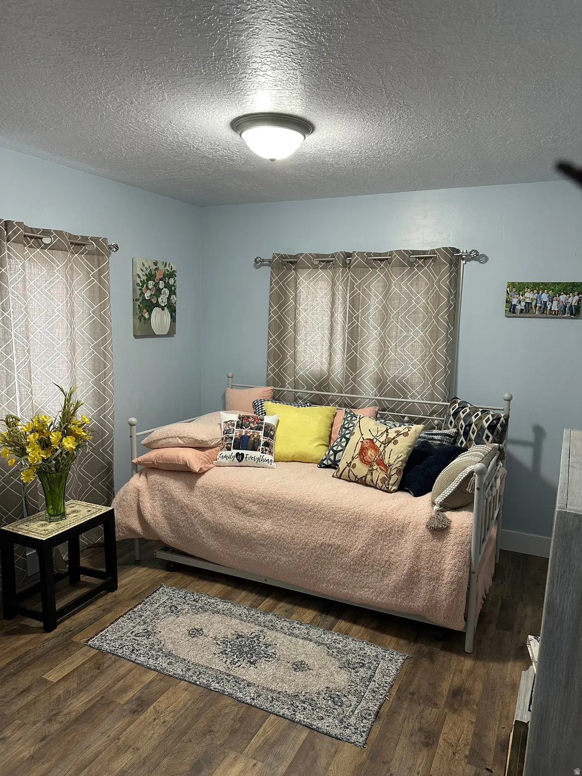 Living area featuring a textured ceiling and dark wood-style flooring