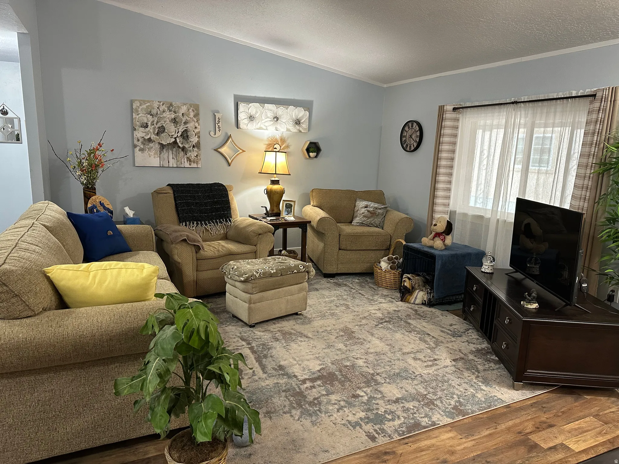 Living room with ornamental molding, wood finished floors, and a textured ceiling