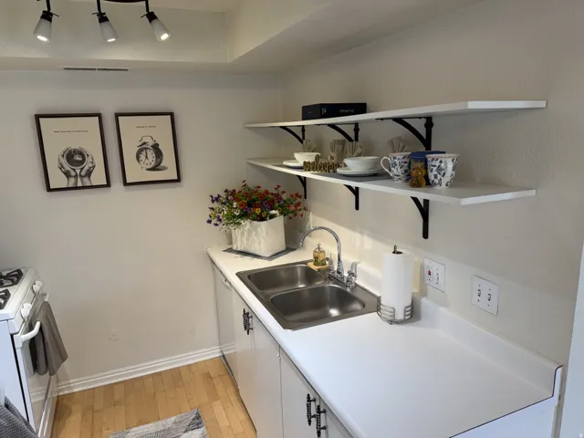 Kitchen featuring open shelves, white cabinetry, light wood-style flooring, light countertops, and track lighting