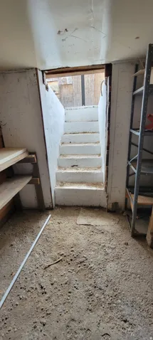 View of stairs from basement to exterior