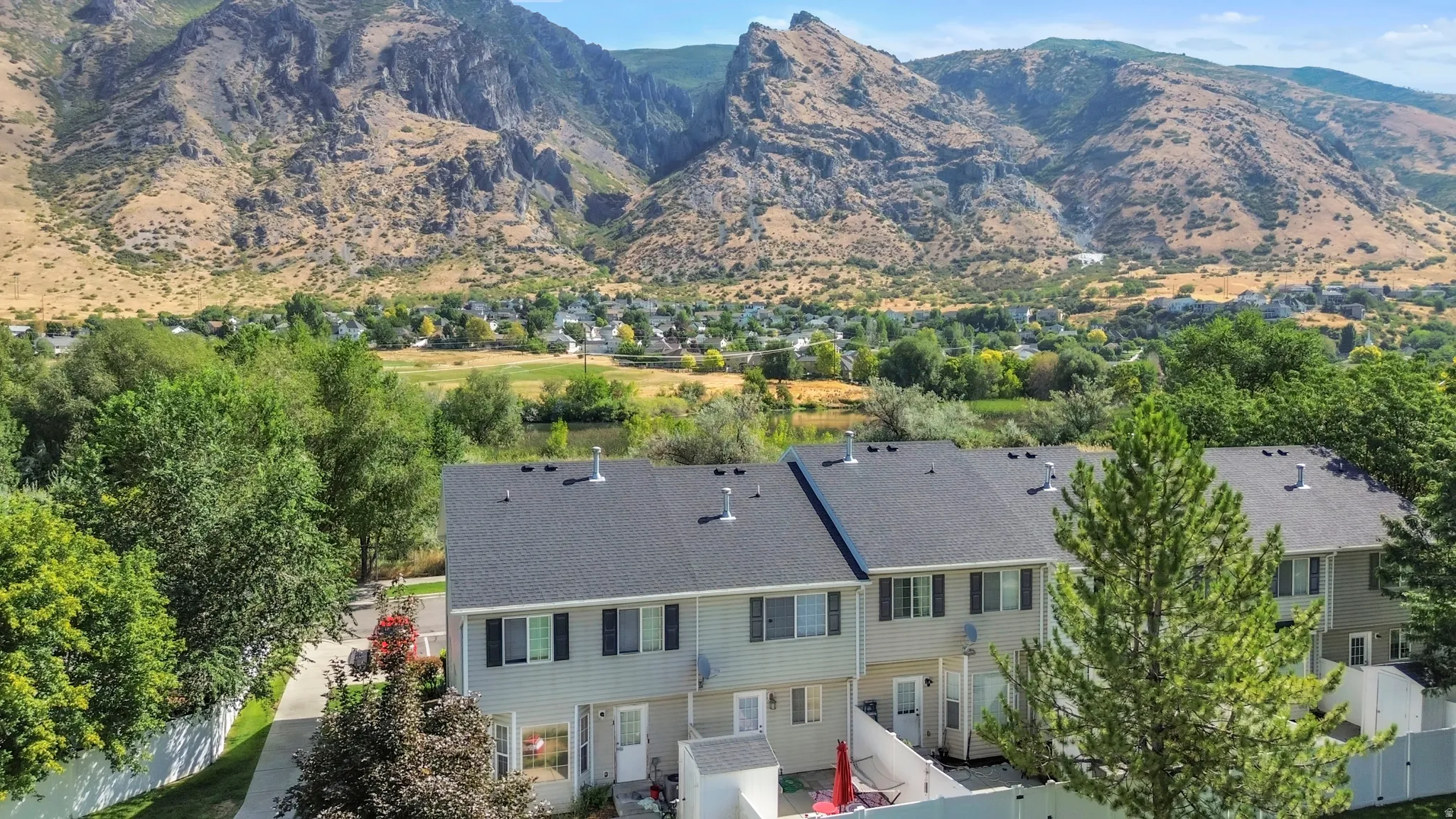 Drone / aerial view of a mountainous background