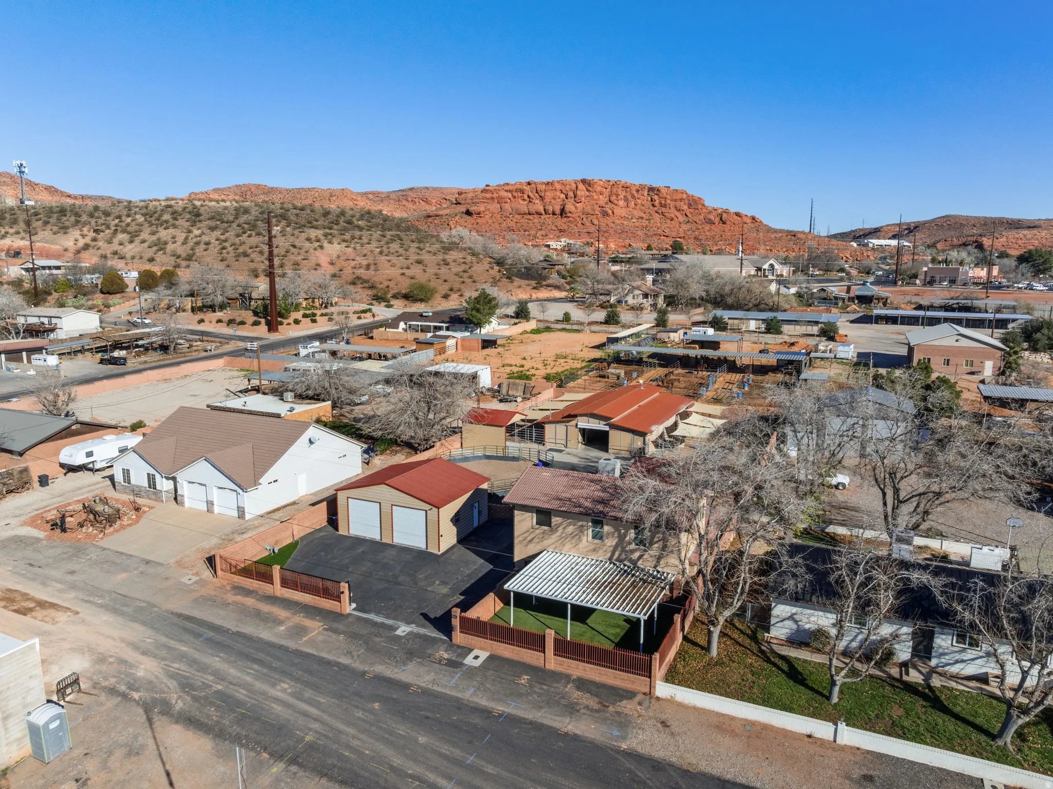 Aerial view of residential area with a mountain backdrop