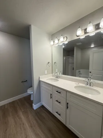 Dual vanity with undermount sinks, quartz countertop, wood-finish flooring, and a large wall-mounted mirror