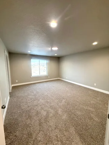 Carpeted room featuring recessed lighting, a window, and neutral wall tones