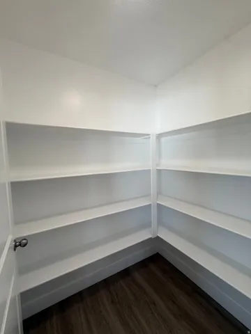 Built-in shelving with a white finish, wood-finish flooring, and painted walls