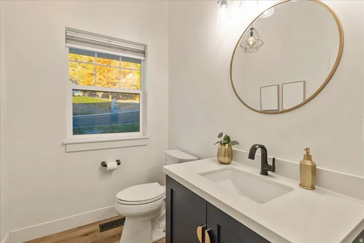 Bathroom with vanity and light wood-type flooring