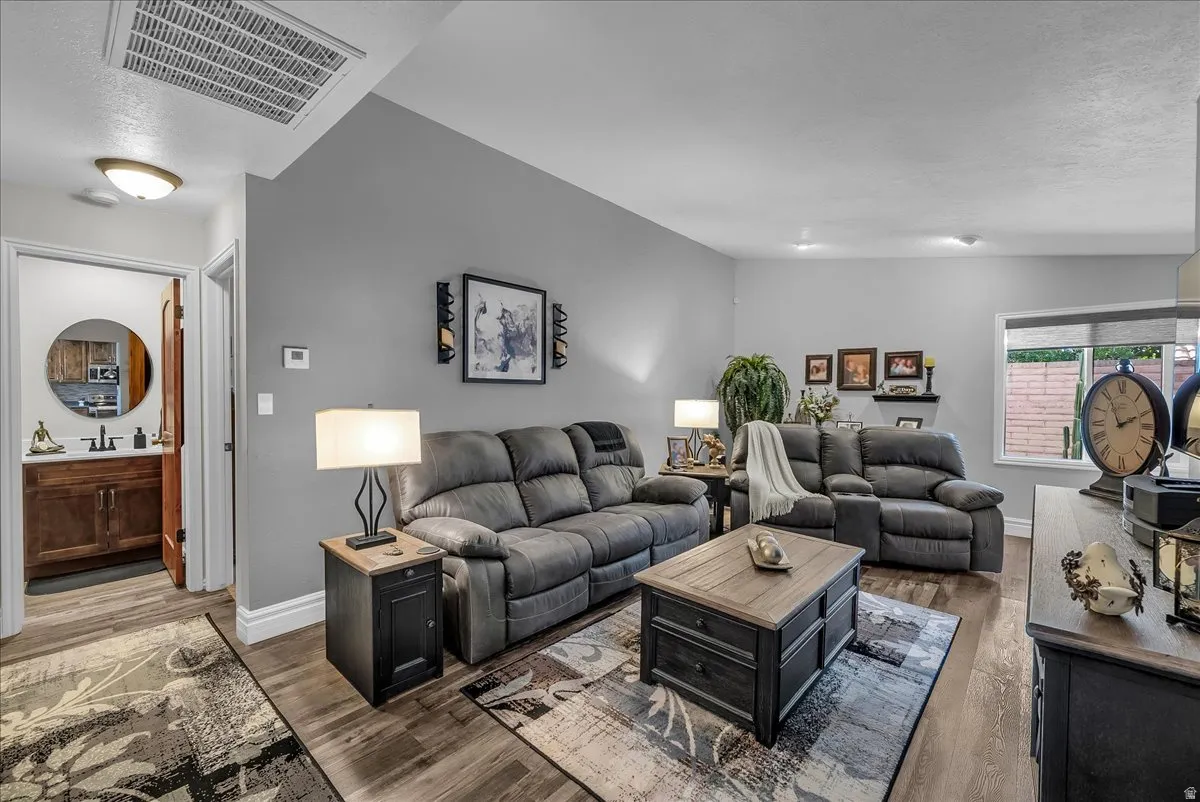 Living room with dark wood finished floors