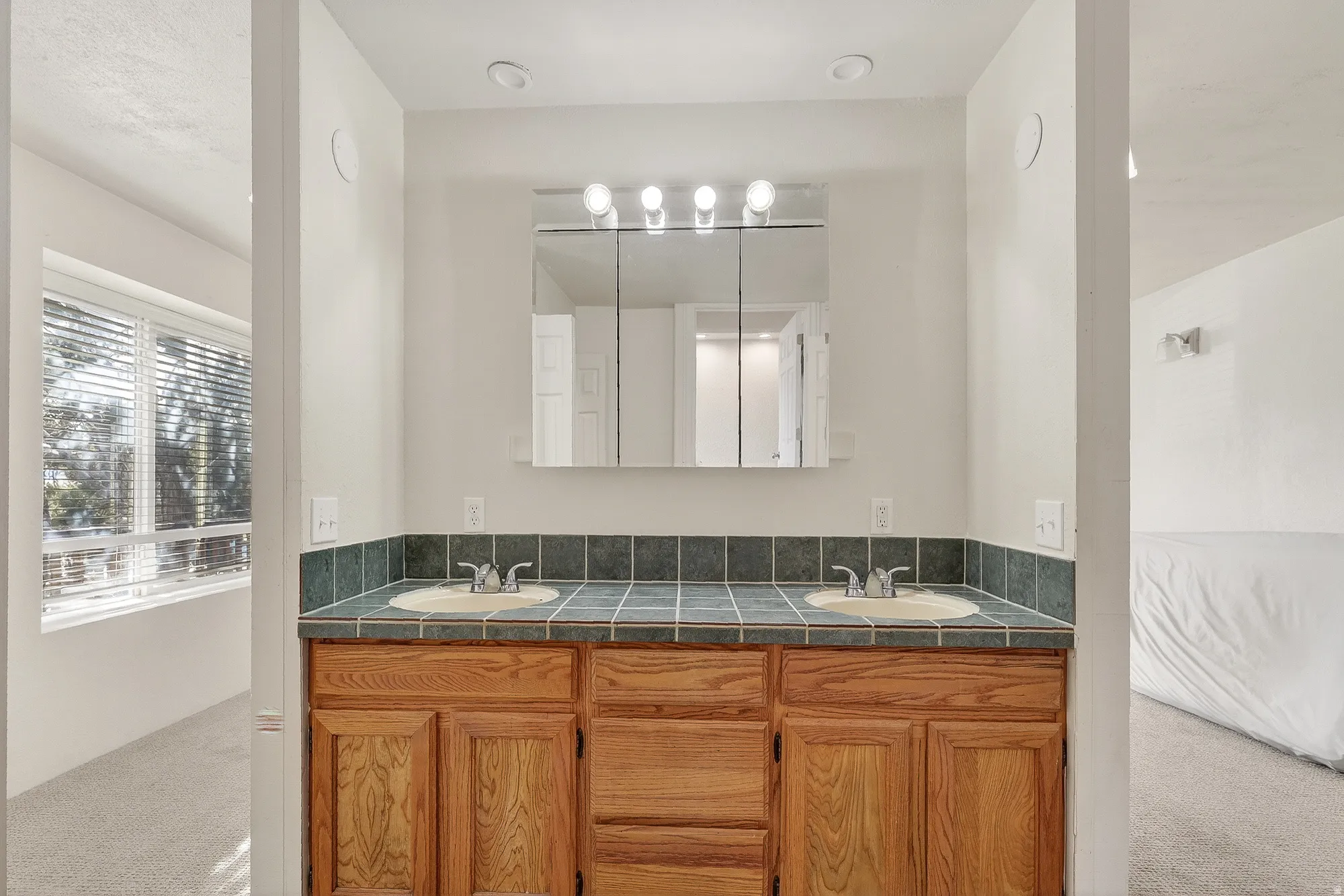 Full bathroom with carpet and double vanity