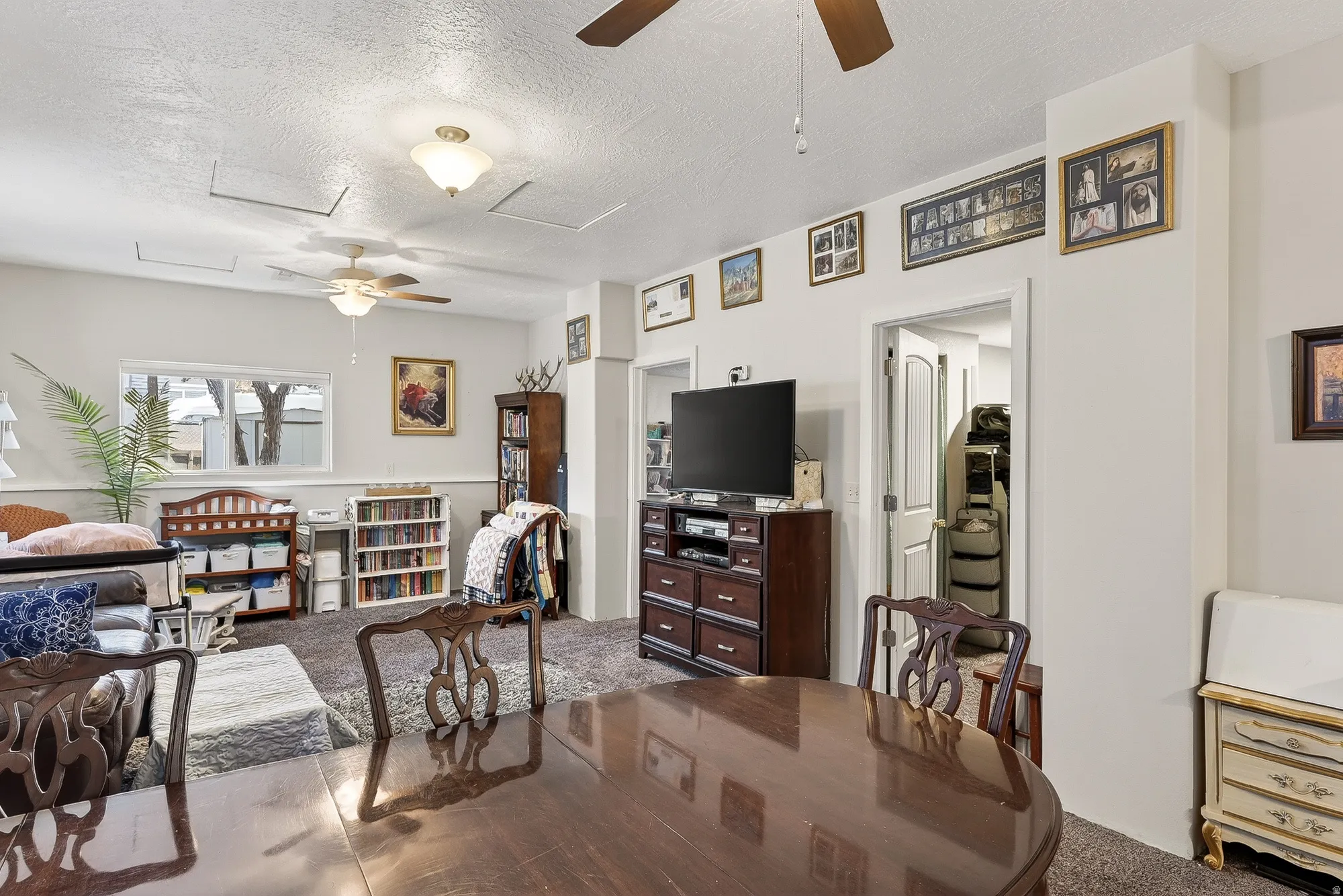 Living area with a ceiling fan, attic access, a textured ceiling, and carpet