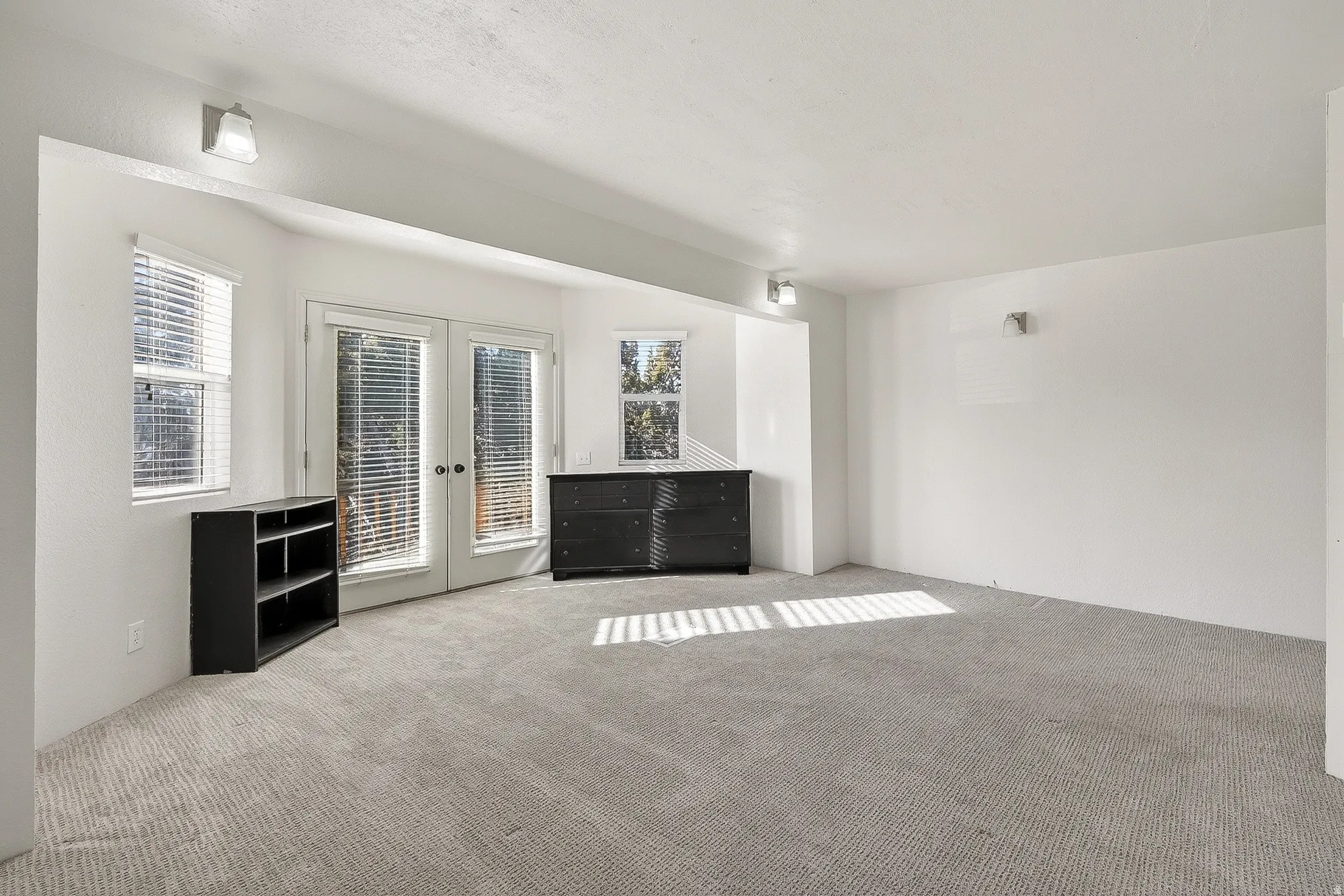 Unfurnished living room featuring french doors, plenty of natural light, and carpet flooring