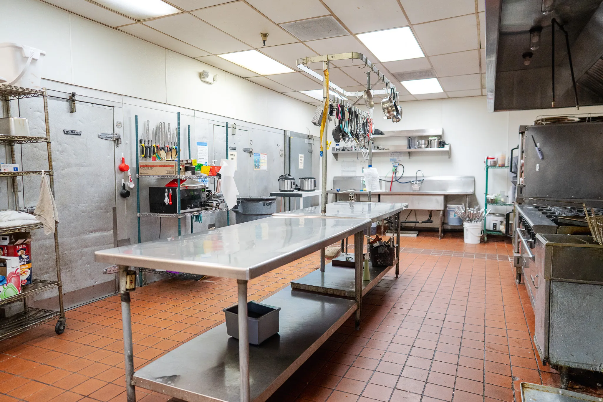 Kitchen with a drop ceiling, stainless steel countertops, and open shelves
