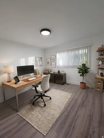 Neutral wall finishes, wood-finish flooring, recessed lighting, built-in shelving, and a large window with vertical blinds
