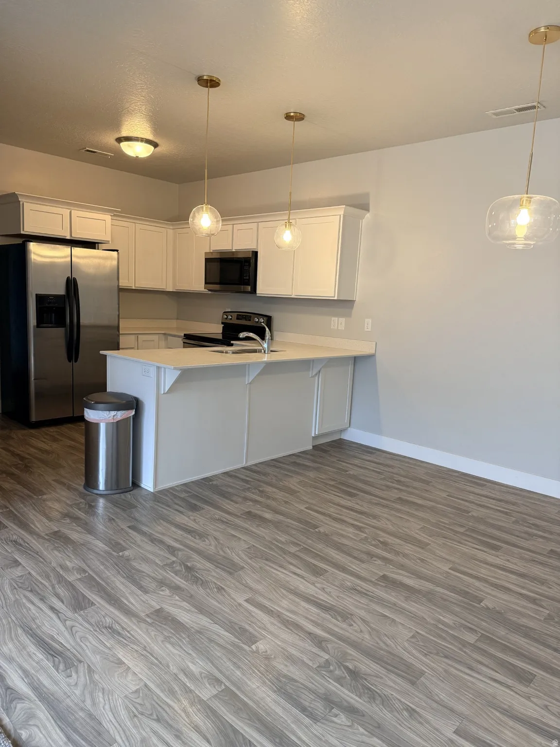 Kitchen featuring white cabinetry, stainless steel appliances, a peninsula, and dark wood-style flooring