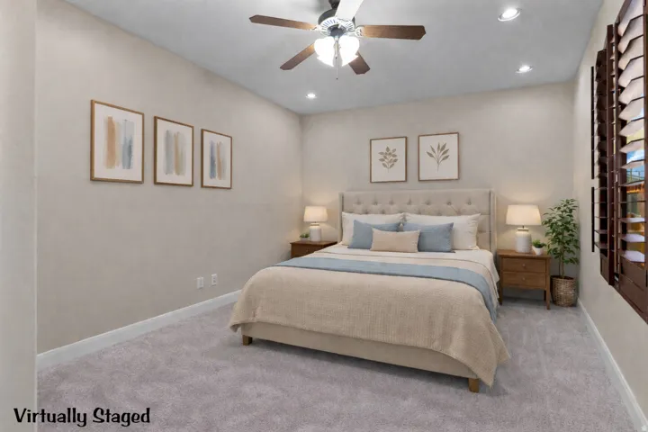 Bedroom featuring carpet, a ceiling fan, and recessed lighting. Virtually Staged.