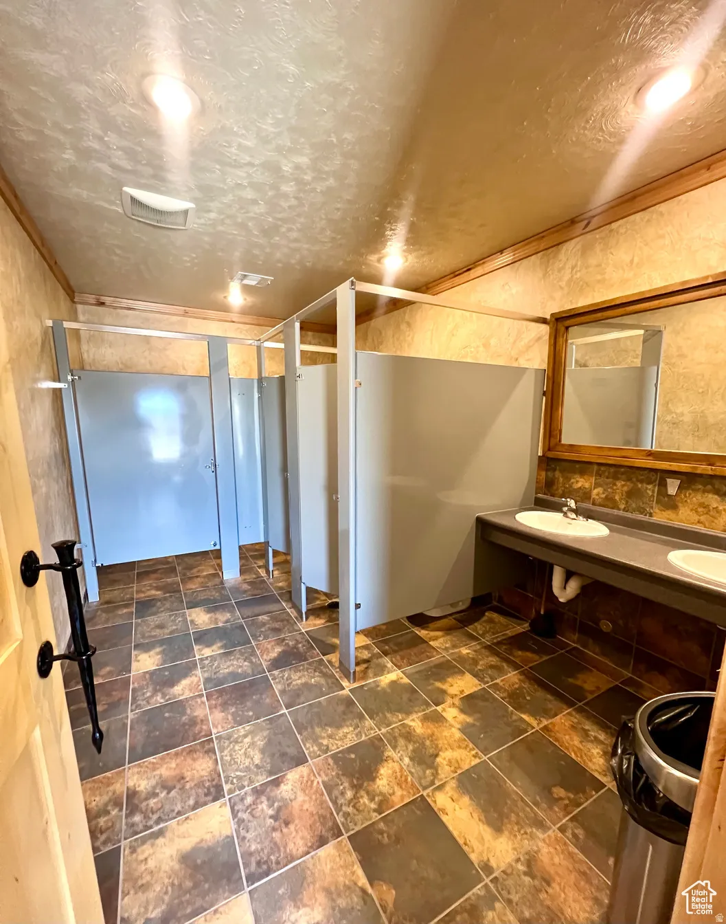 Bathroom with a textured ceiling and a sink