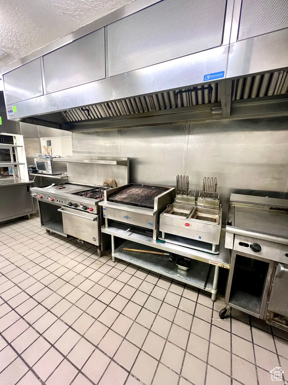 Kitchen featuring extractor fan and stainless steel range