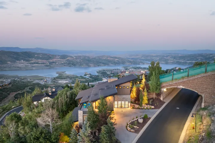 Aerial view at dusk of a water and mountain view
