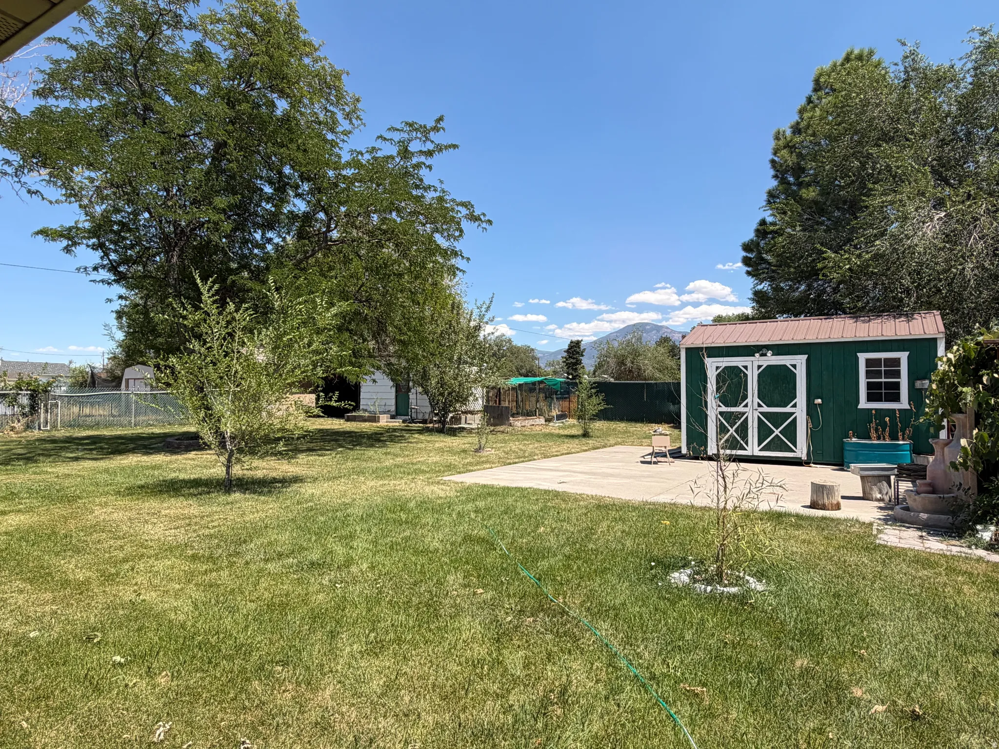 Expansive backyard featuring a green storage shed with white double doors and a brown metal roof, mature trees, a concrete patio area, and distant mountain scenery