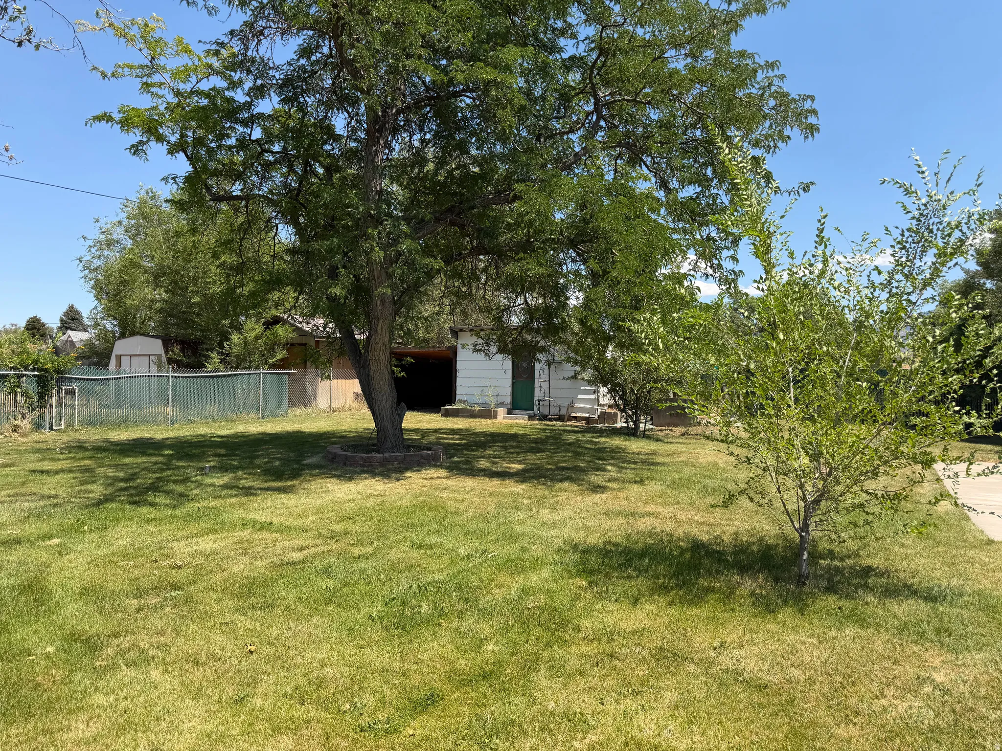 Expansive lawn area featuring mature trees and a chain-link fence