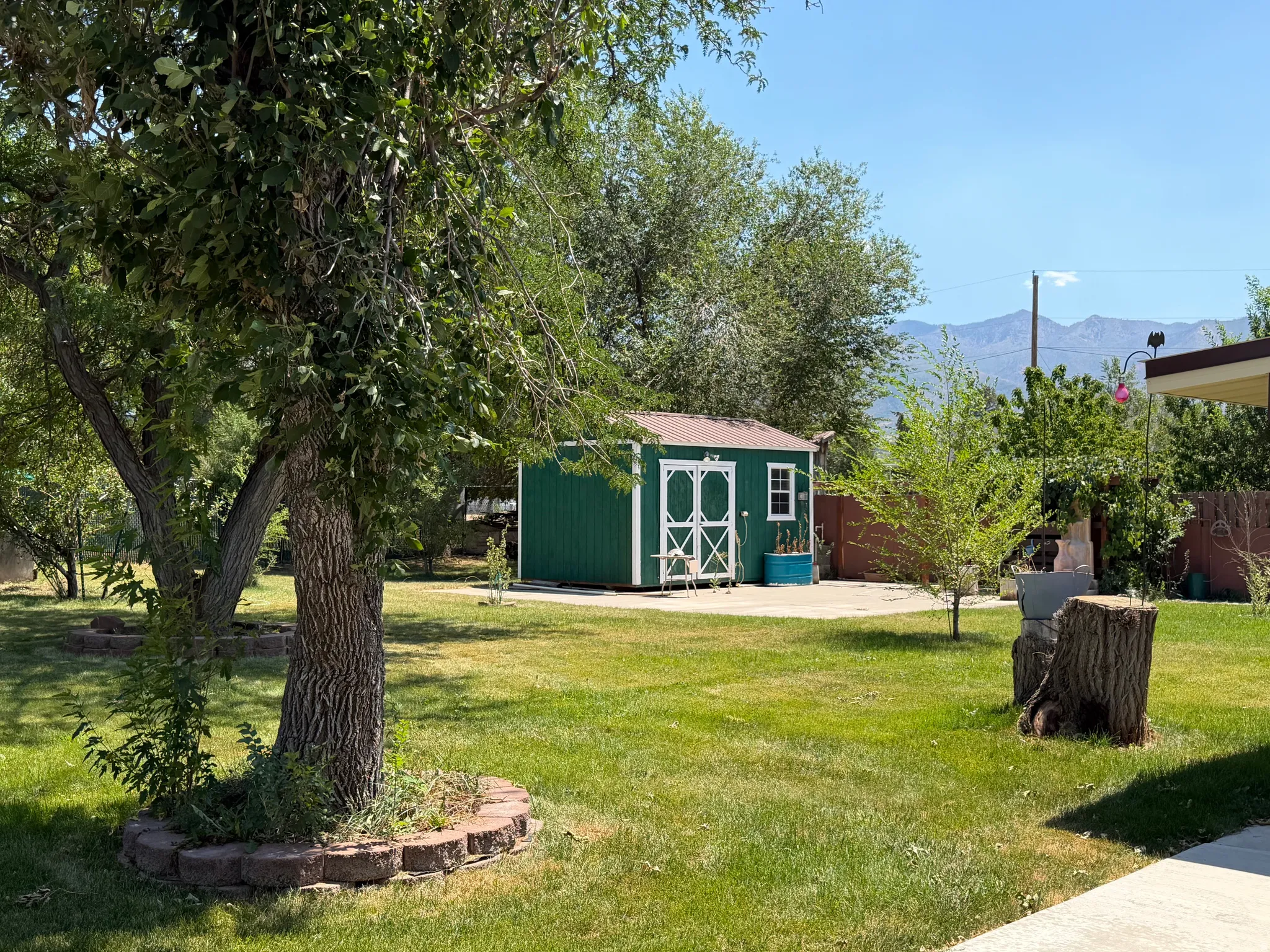 Expansive lawn area featuring a green shed with white trim and double doors
