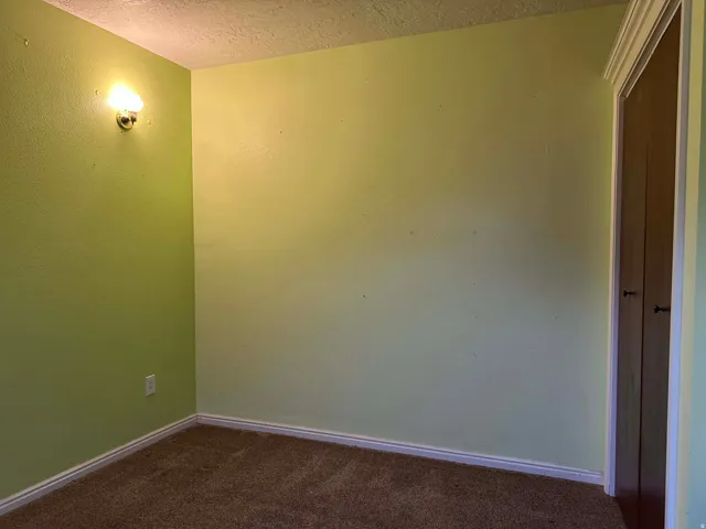 Spare room with dark colored carpet and a textured ceiling
