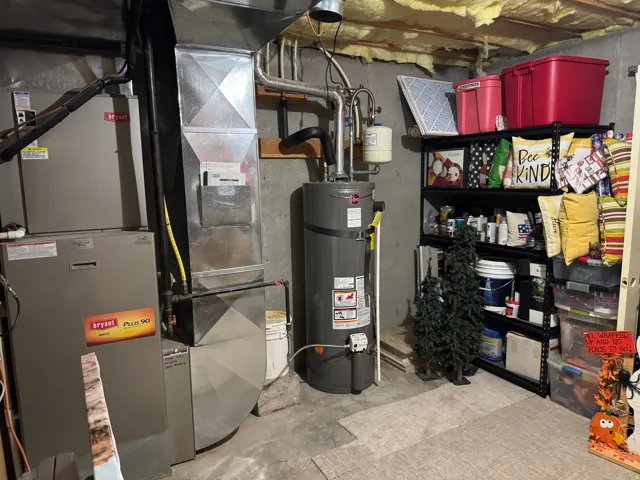 Utility room with heating unit and secured water heater