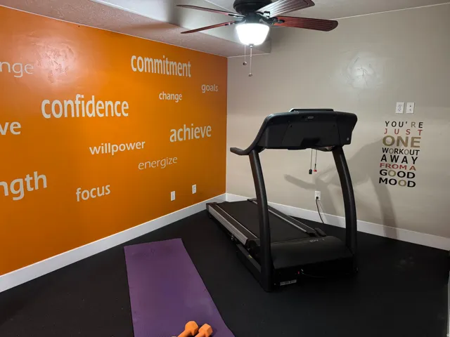 Workout room featuring baseboards and ceiling fan