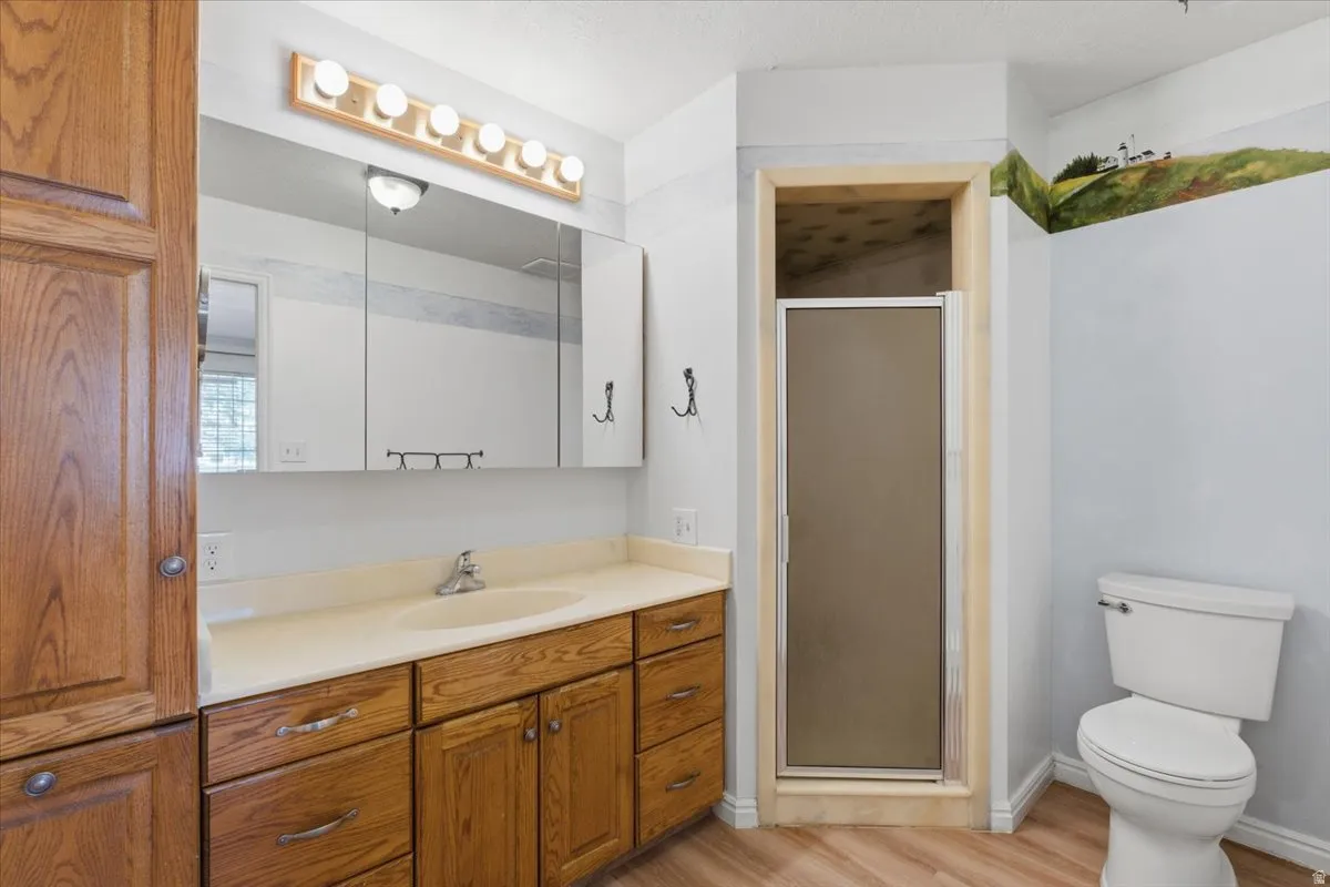 Bathroom featuring vanity, a shower stall, and light wood finished floors