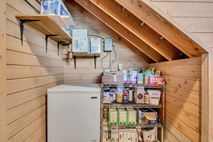 Laundry room with wood walls