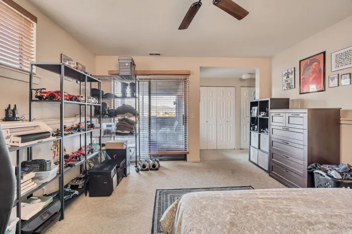 Bedroom featuring multiple windows, light colored carpet, a ceiling fan, and a closet