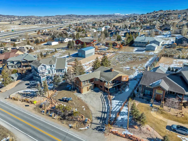Aerial perspective of suburban area with mountains