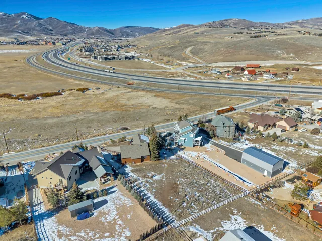 Aerial view of residential area with mountains