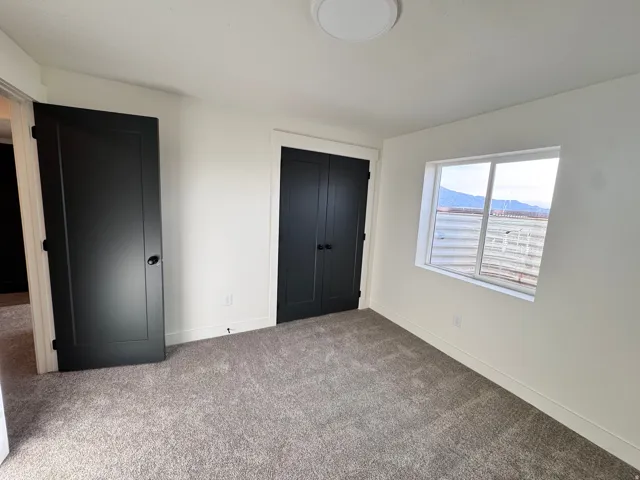 Unfurnished bedroom with carpet, a mountain view, and a closet