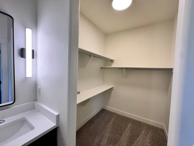 Walk in closet with dark carpet and a sink