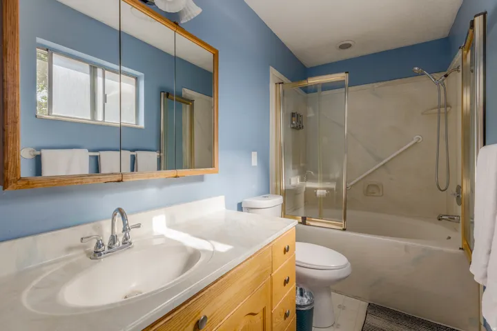 Full bathroom featuring bath / shower combo with glass door and vanity