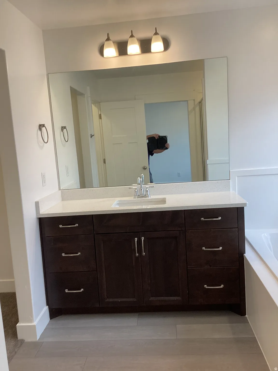 Full bath featuring vanity, a bath, and light wood-style floors