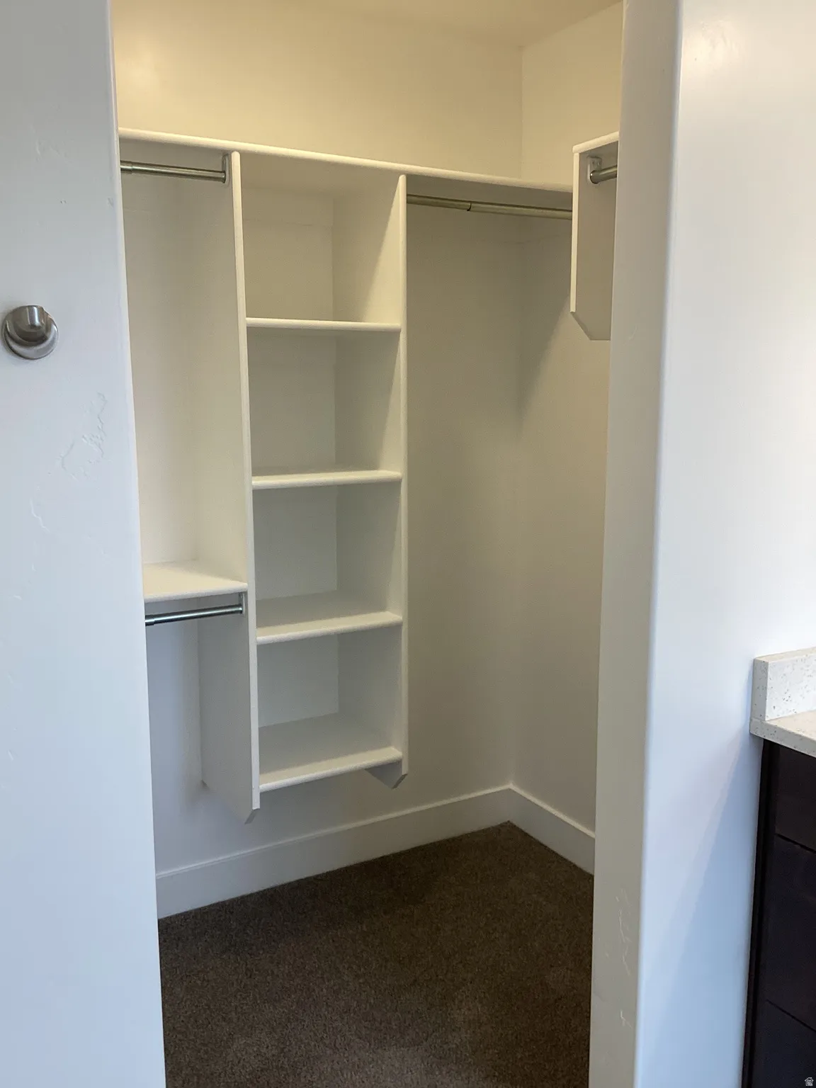 Walk in closet featuring dark carpet
