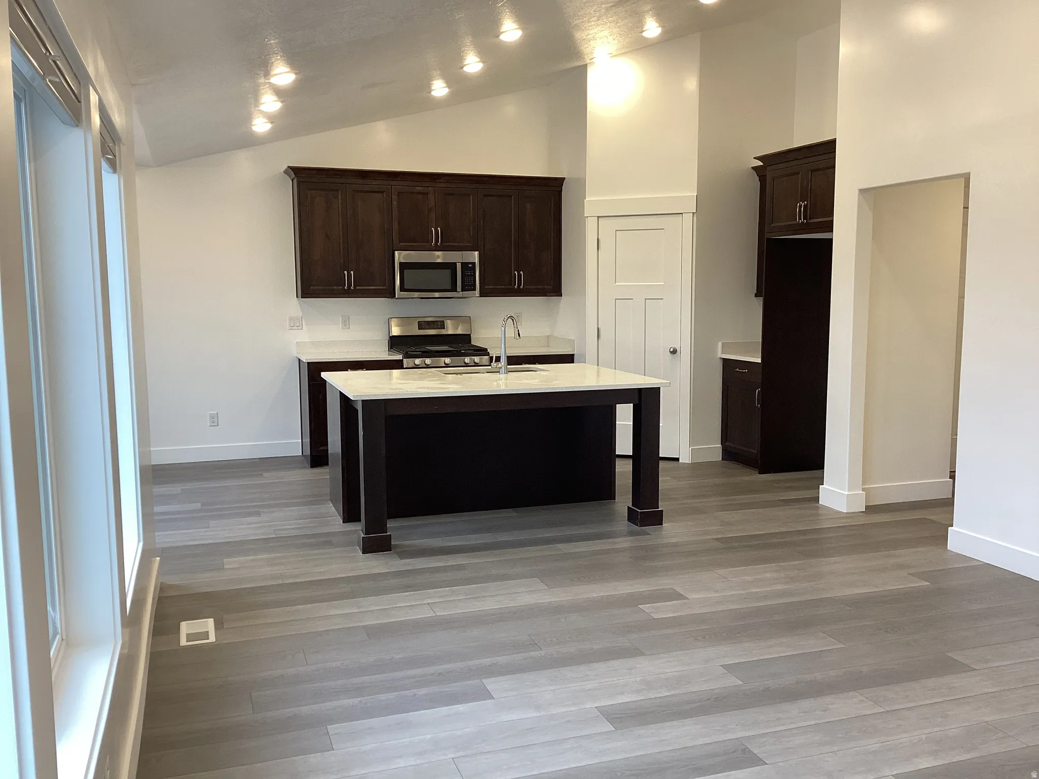 Kitchen featuring a kitchen breakfast bar, stainless steel appliances, light wood-style flooring, dark wood finish cabinetry, and vaulted ceiling