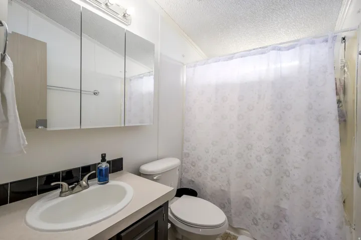 Full bath featuring vanity, a textured ceiling, a shower with curtain, and crown molding