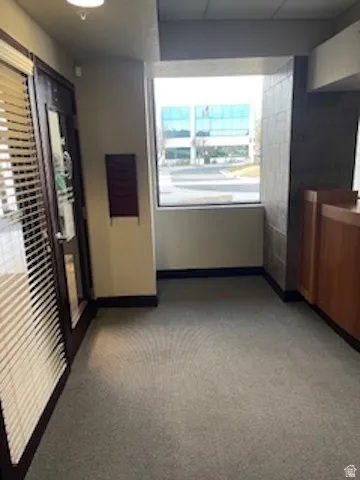 Empty room featuring light colored carpet and a drop ceiling