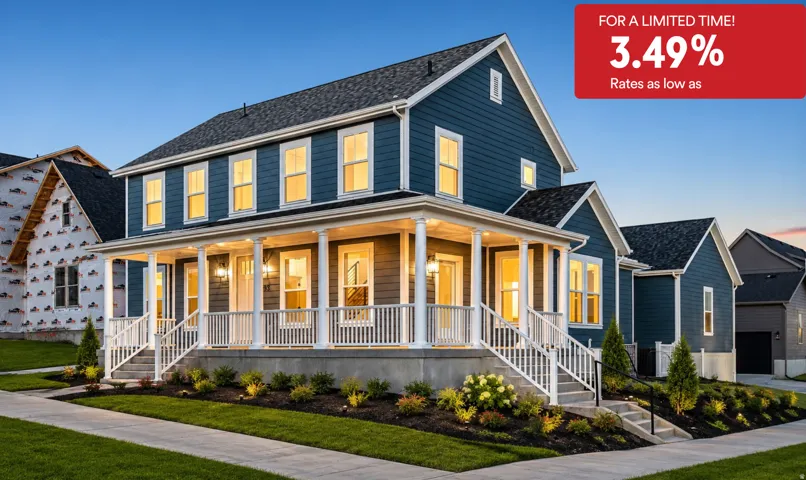 Two-story residence featuring blue siding, a covered front porch with white railings, a paved walkway, and landscaped grounds